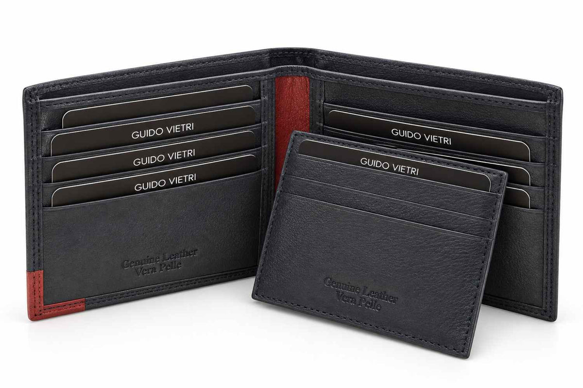 Navy blue wallet with red trim at the fold and corner, a matching sleeve resting inside