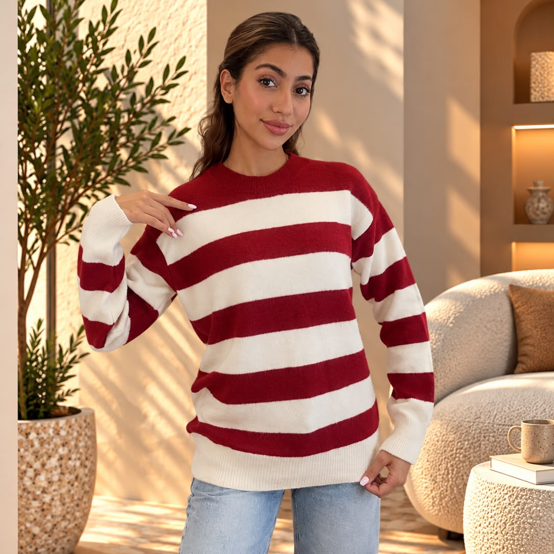 Red and white wide striped wool sweater with relaxed sleeves and jeans