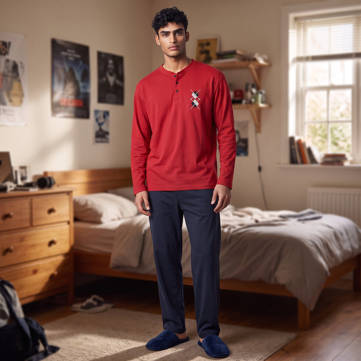 Men's red henley pyjama top with an argyle diamond chest motif and navy bottoms