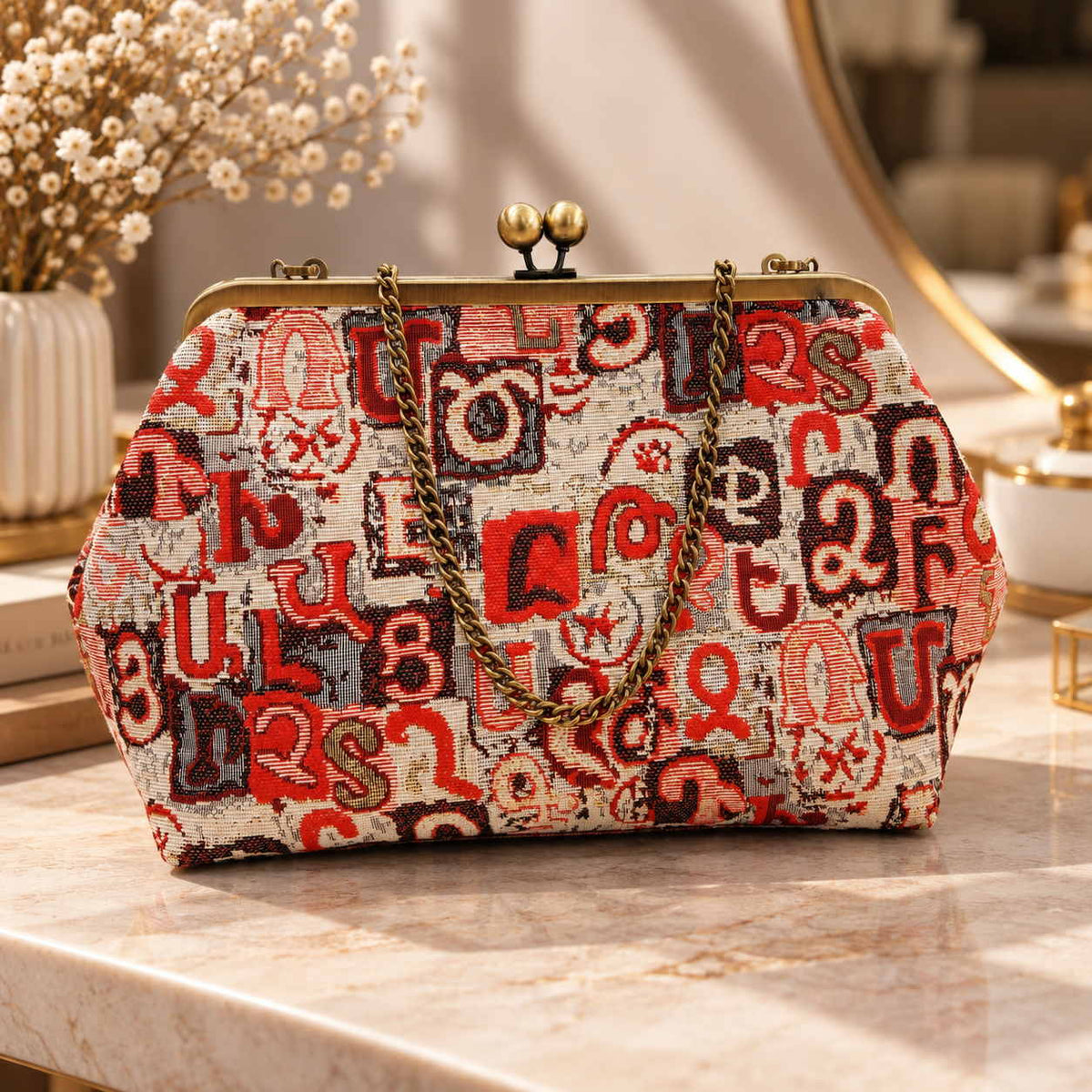 Red and cream tapestry handbag with Armenian letters, brass kiss clasp and chain strap on a marble vanity