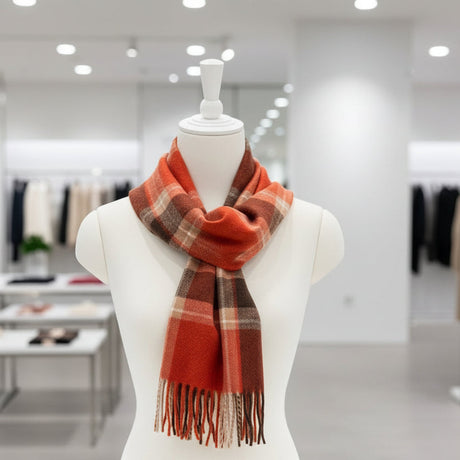 Red plaid scarf on a mannequin in a store setting