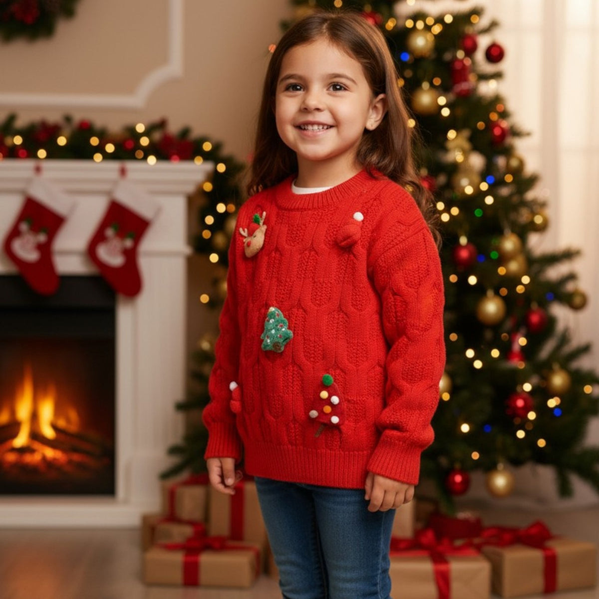 Red festive knit sweater with jeans by a fireplace and Christmas tree