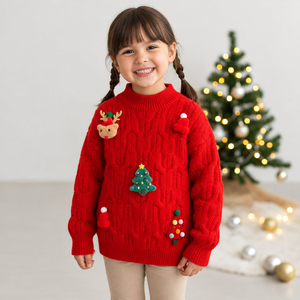 Girl smiling in a red cable knit Christmas sweater with reindeer and tree patches