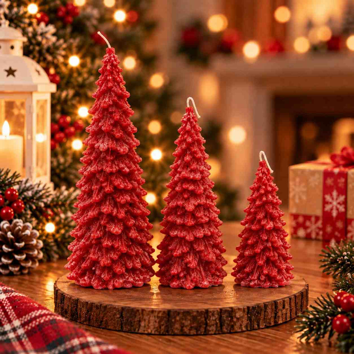 Three red Christmas tree shaped candles in small, medium and large sizes