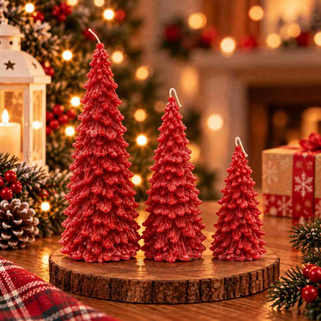 Three red Christmas tree shaped candles in small, medium and large sizes