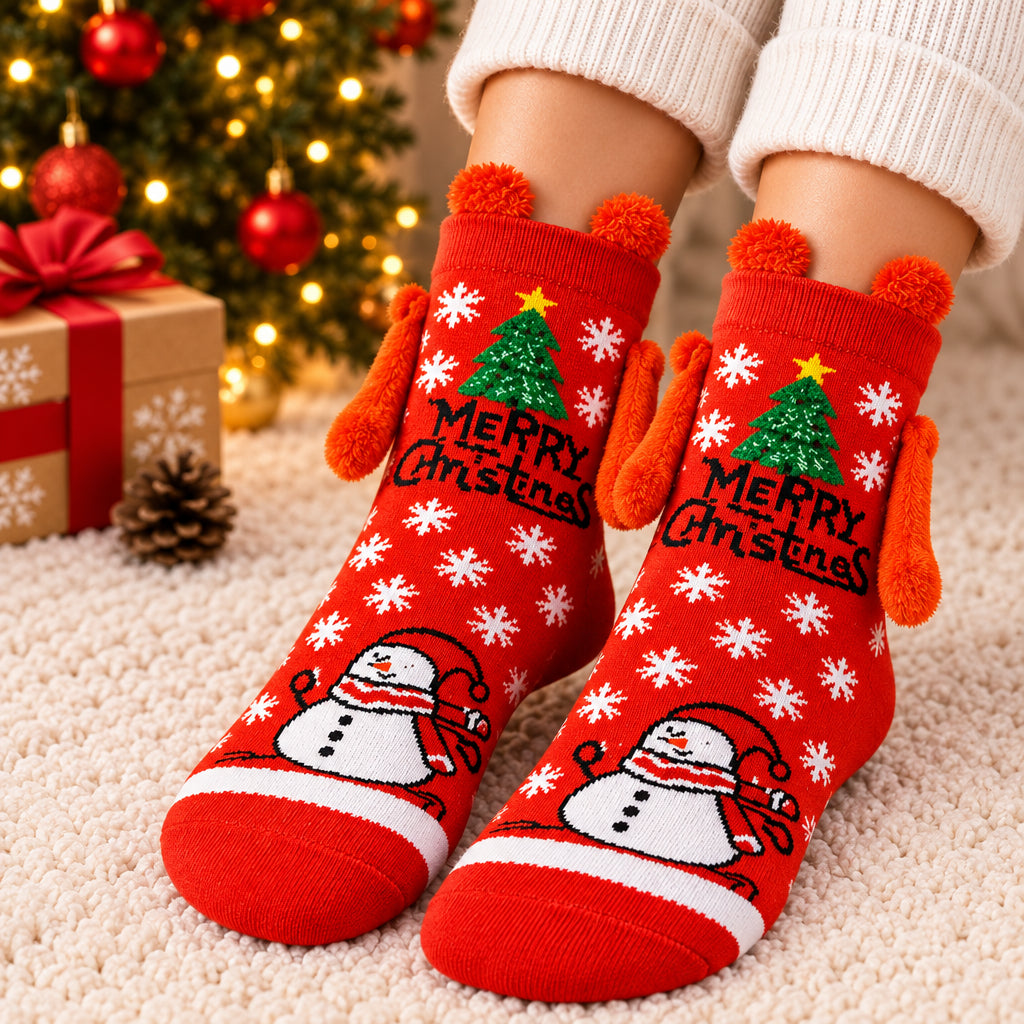 Red Christmas socks with a tree, Merry Christmas lettering, a snowman and orange plush arms
