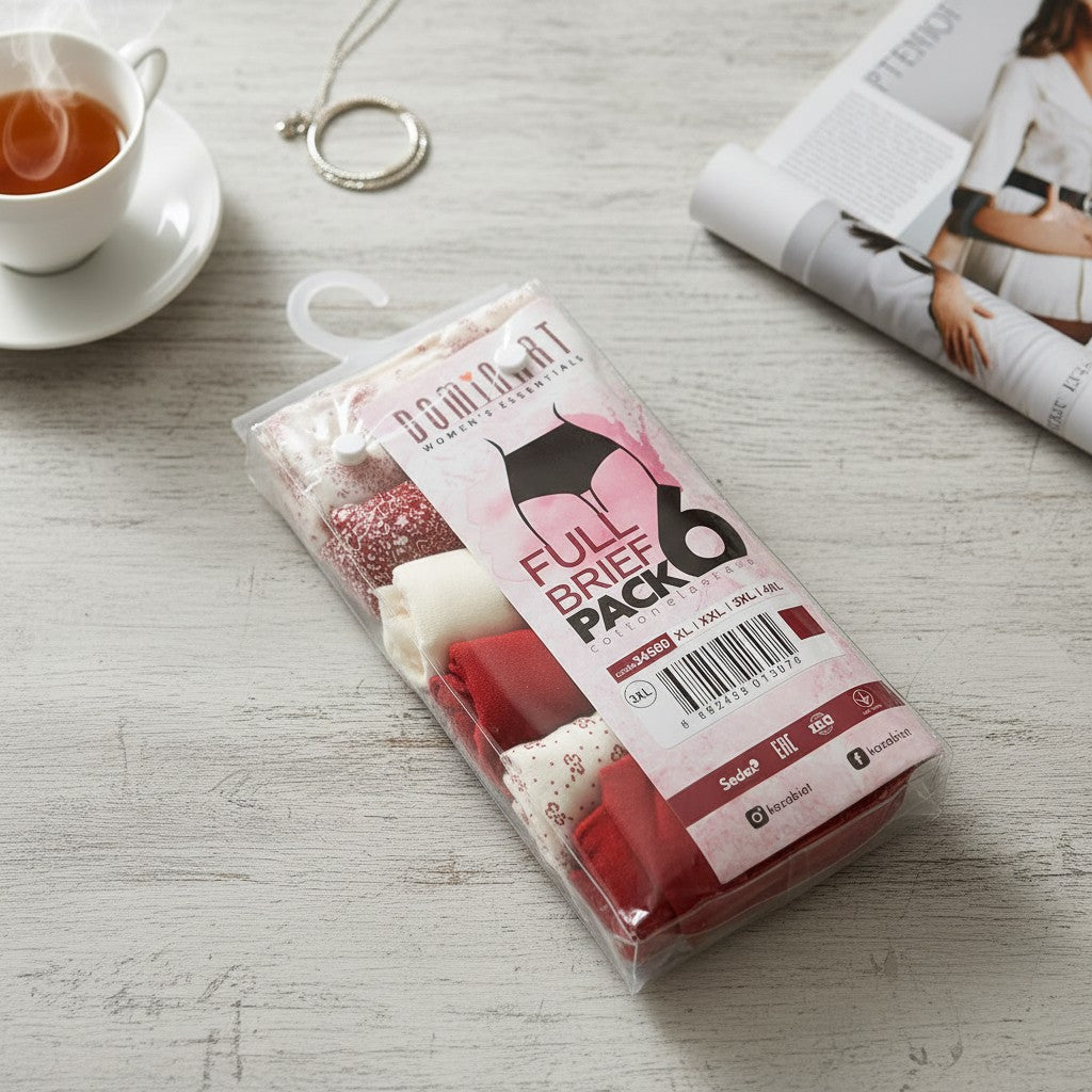 Red and cream floral cotton briefs laid out with resealable pack