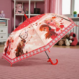 Open red and pink kids umbrella showing an Elsa, Anna, Olaf and Sven canopy print