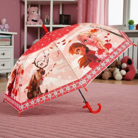 Open red and pink kids umbrella showing an Elsa, Anna, Olaf and Sven canopy print
