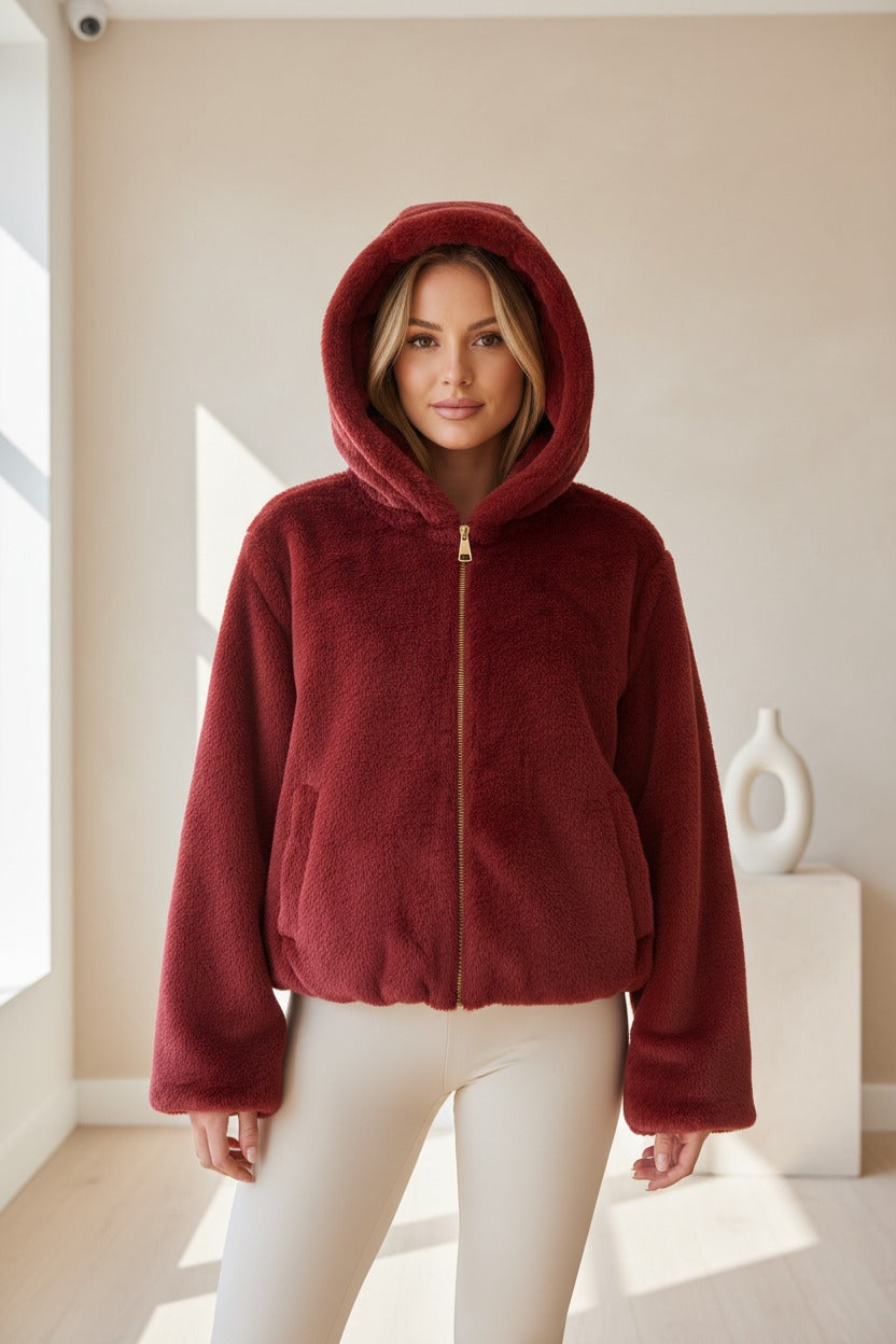 Women's red faux fur hooded jacket, bold cozy winter fashion, Jack Gifts Online Lebanon