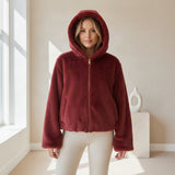 Women's red faux fur hooded jacket, bold cozy winter fashion, Jack Gifts Online Lebanon