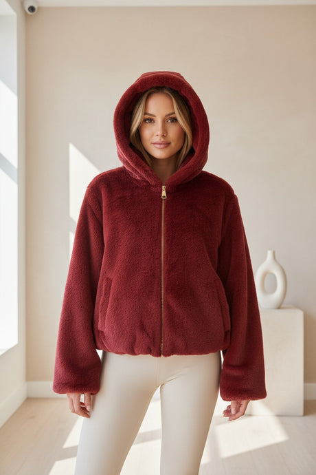 Women's red faux fur hooded jacket, bold cozy winter fashion, Jack Gifts Online Lebanon