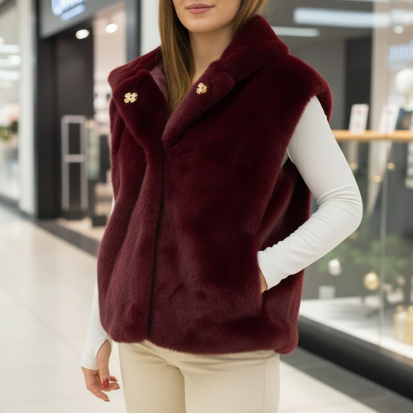 Close view of the burgundy fur vest with cream trousers in a mall