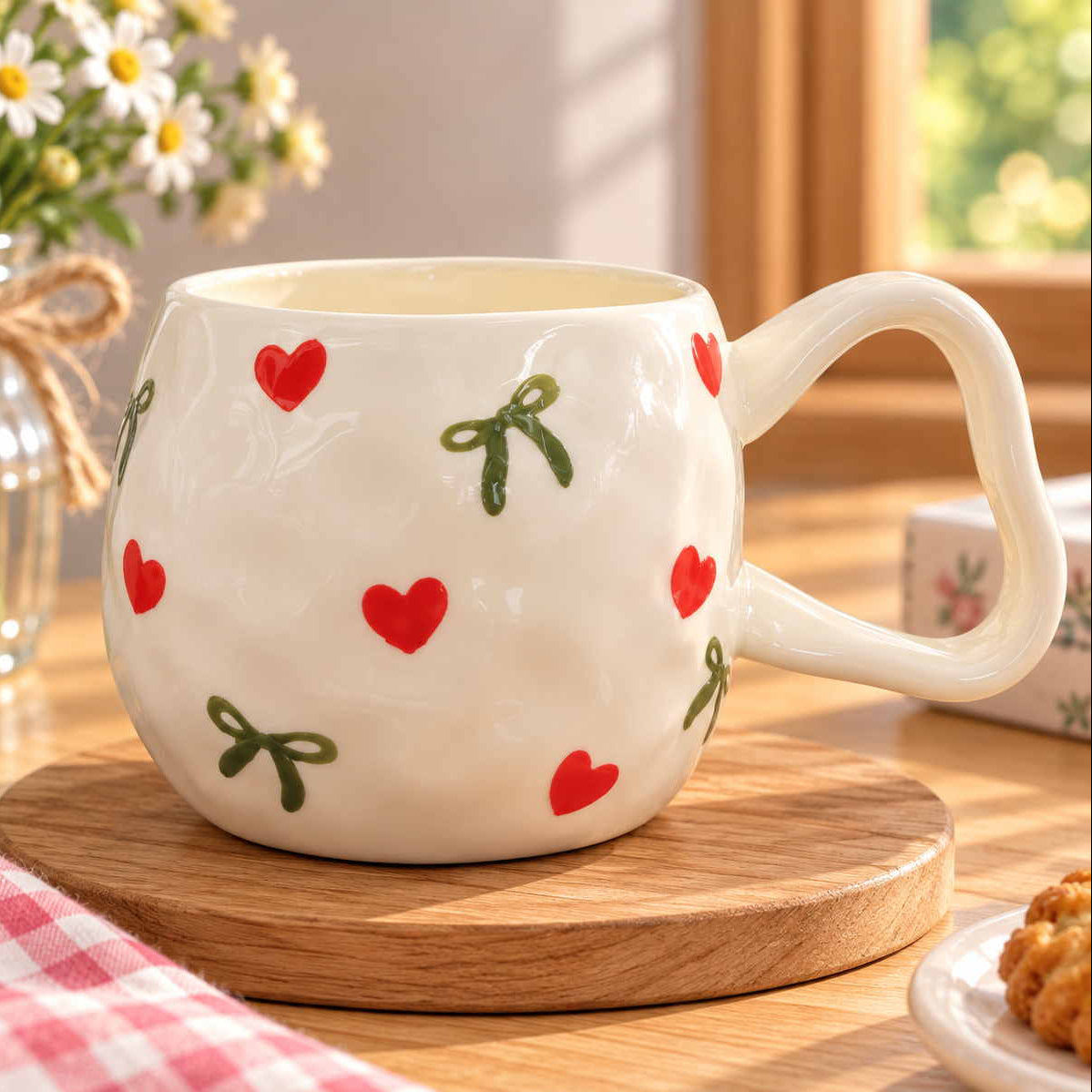 Little red hearts and olive bows raised across a rounded cream mug on a wooden board