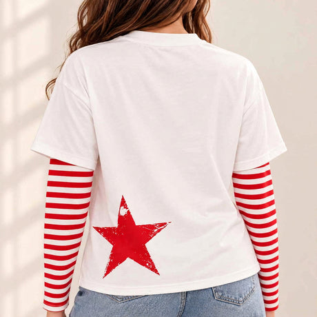 Back of the white tee with a distressed red star print and red striped sleeves