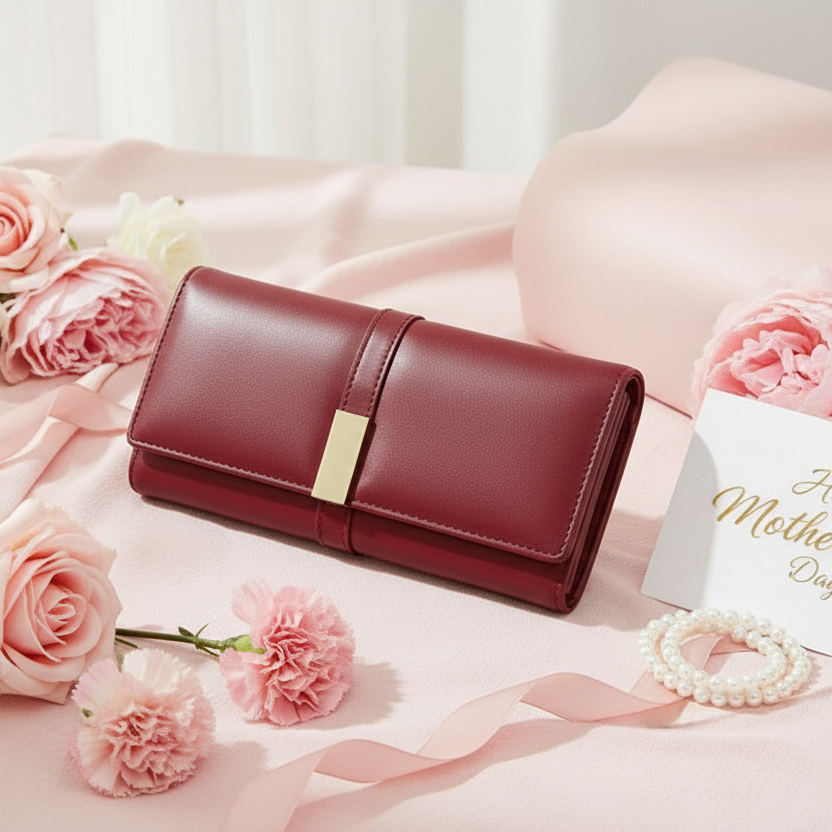 Red leather wallet with pink roses and a 'Happy Mother's Day' card on a pink surface