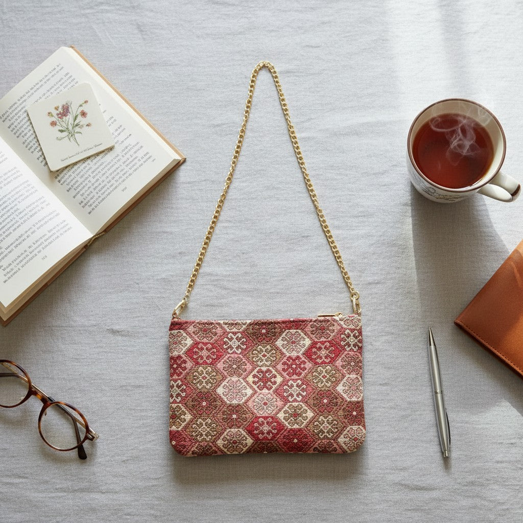 Red and gold tile tapestry bag laid flat beside an open book