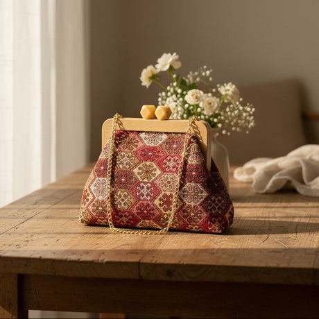 Deep red ornamental tile tapestry bag with honey clasp and a vase of white flowers