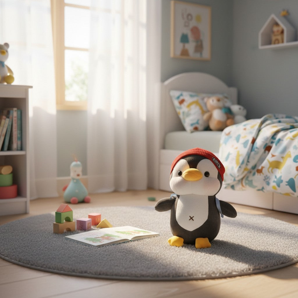 Red beanie hat penguin plush on nursery rug