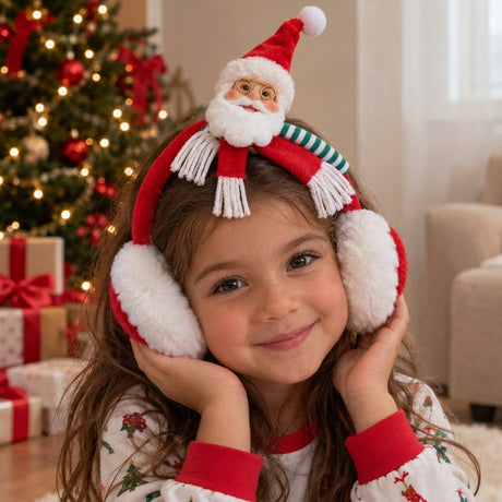 Smiling girl wearing red earmuffs with white fluffy pads and a plush Santa topper in a fringed scarf