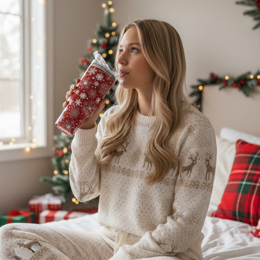Woman sipping from a red snowflake tumbler on a bed beside a Christmas tree