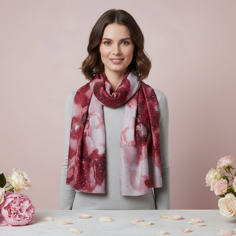Woman wearing a red and white patterned scarf on a light pink background
