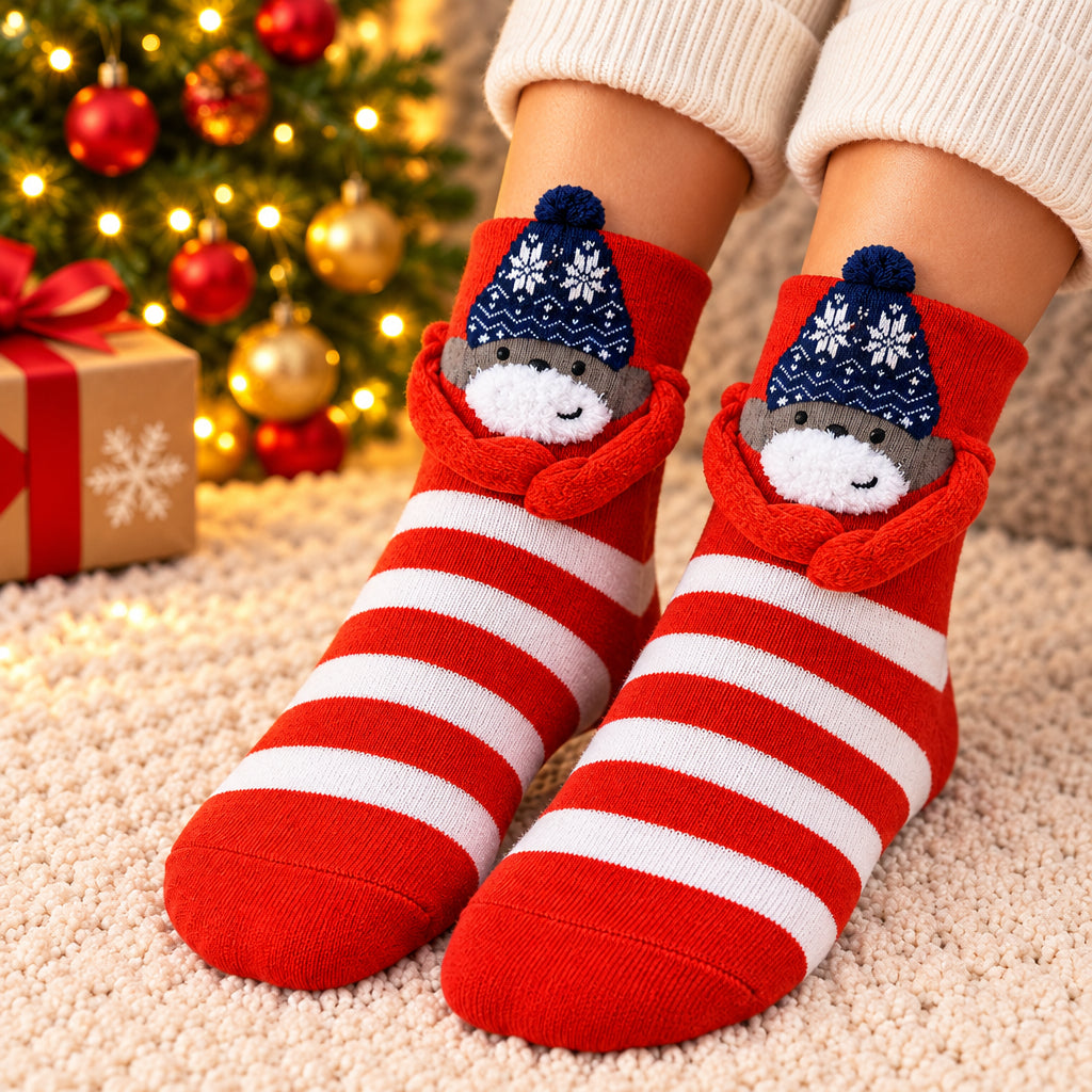 Red and white striped Christmas socks with a grey animal in a navy beanie and red plush arms