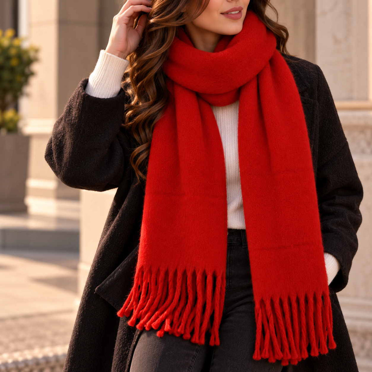Bright red blanket scarf wrapped at the neck with thick matching tassels