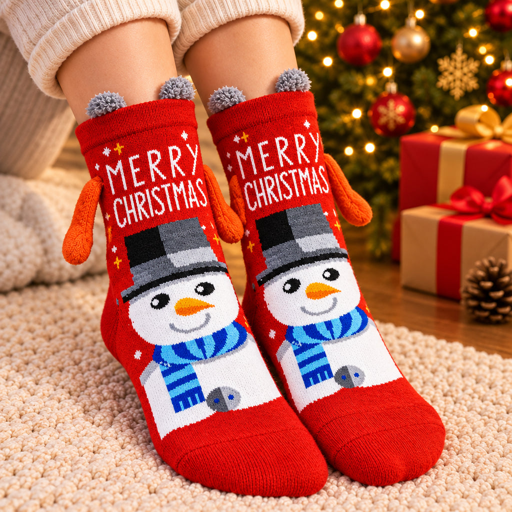 Red Merry Christmas socks with a top hat snowman, grey pom poms and orange plush arms