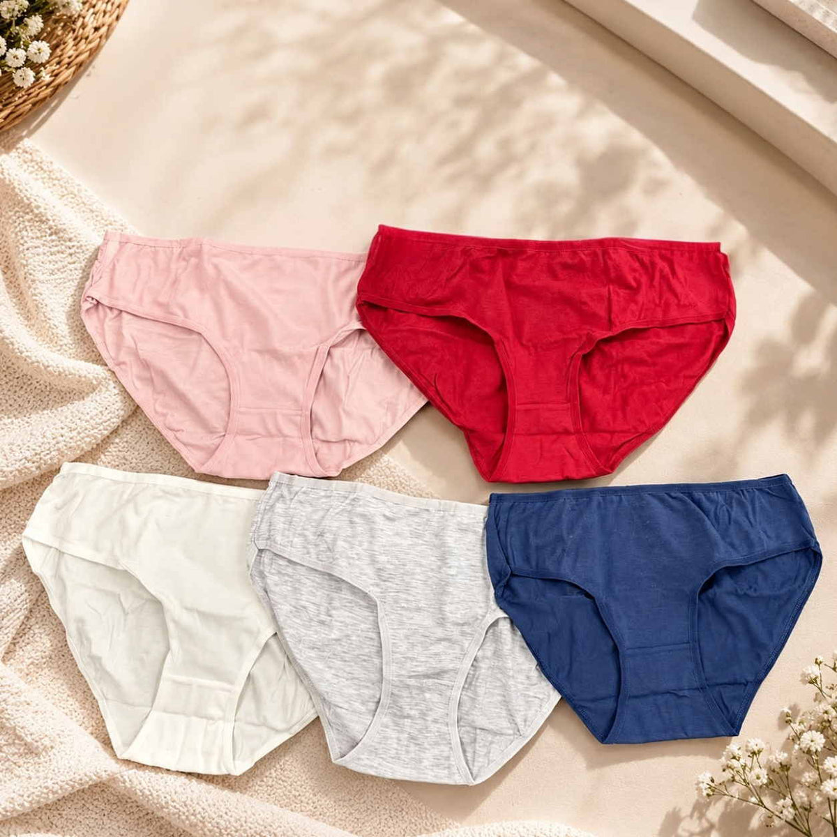 Five plain briefs in pink, red, white, grey and navy laid out on a cream knit throw