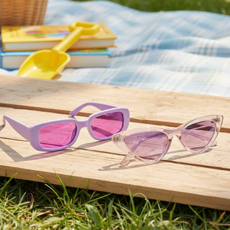 Two pairs of sunglasses on a wooden surface with a picnic setup in the background.