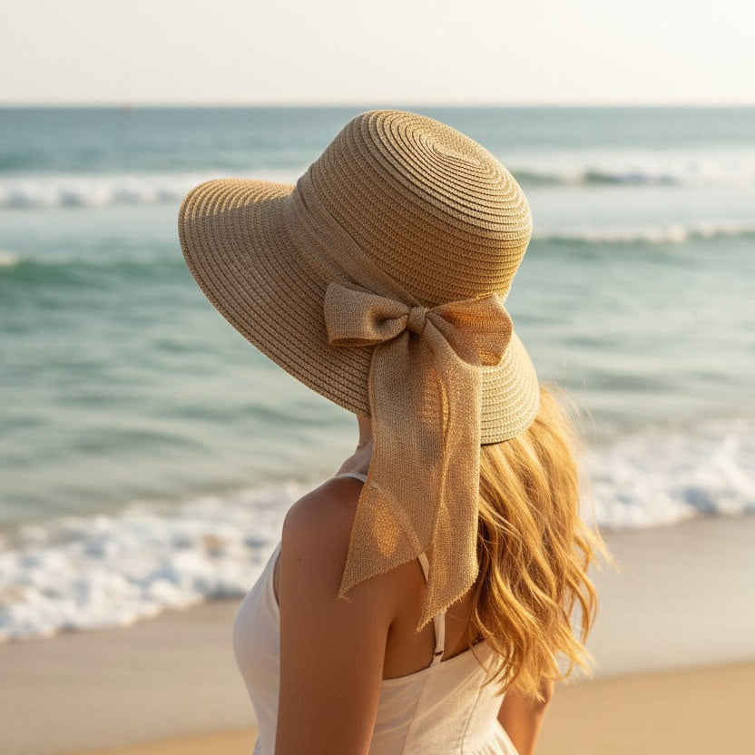 Back view of a beige straw hat showing the large bow tied behind the crown