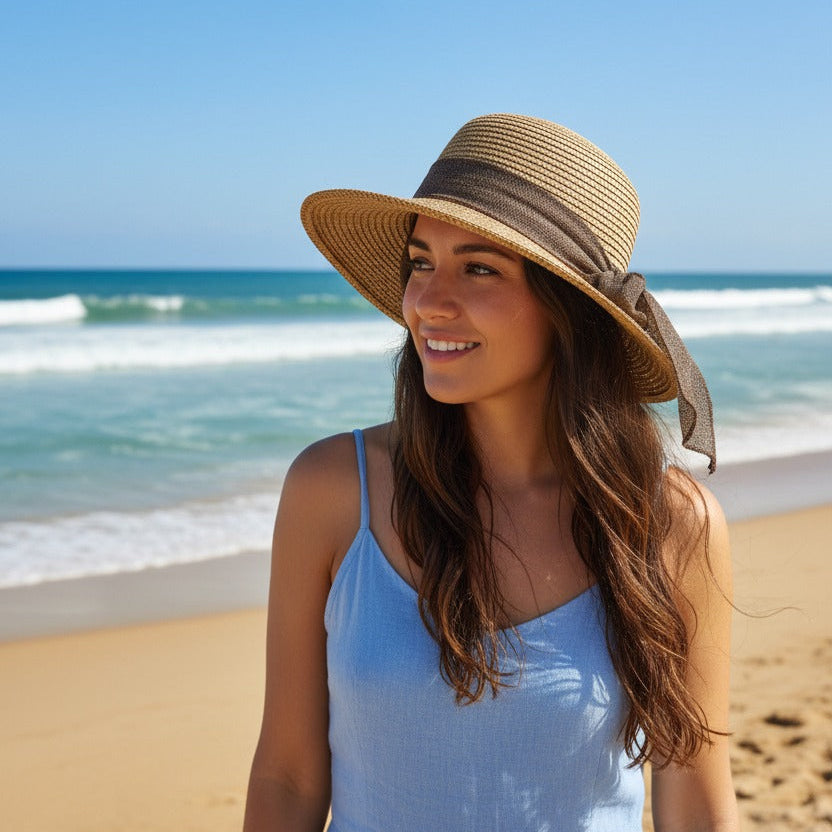 Tan floppy straw sun hat with a wide grey ribbon band, worn with a blue sundress