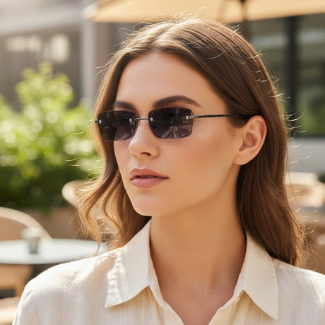 Womens rimless rectangular sunglasses with slate grey lenses and fine temples, Jack Gifts Online Lebanon