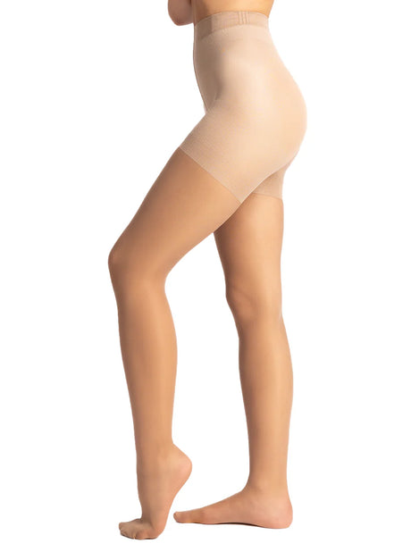 Beige tights worn by a model on a white background