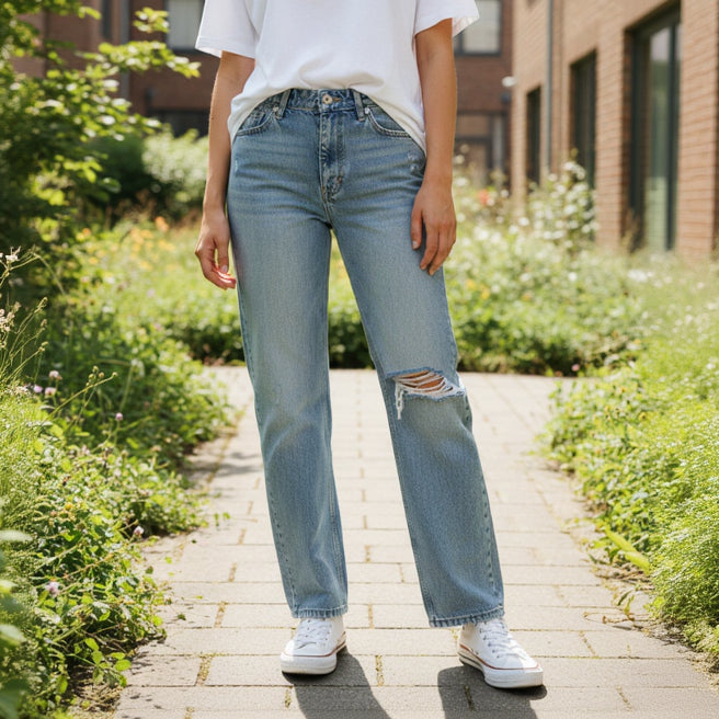 Person wearing light blue ripped jeans with a slight tear on a paved path with greenery