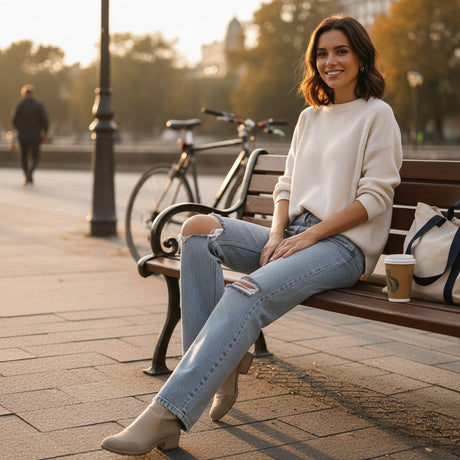 Woman wearing light blue ripped jeans and a white top sitting outdoors on a bench 