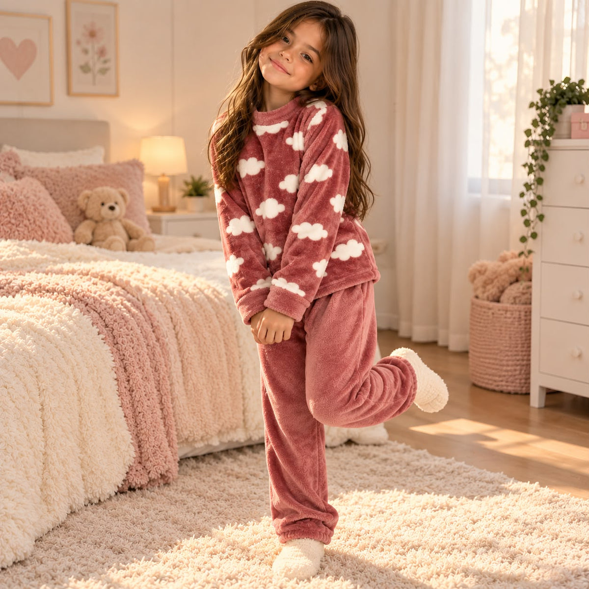 Girl standing on one leg in a rose cloud print fleece pyjama top and matching trousers