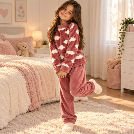 Girl standing on one leg in a rose cloud print fleece pyjama top and matching trousers