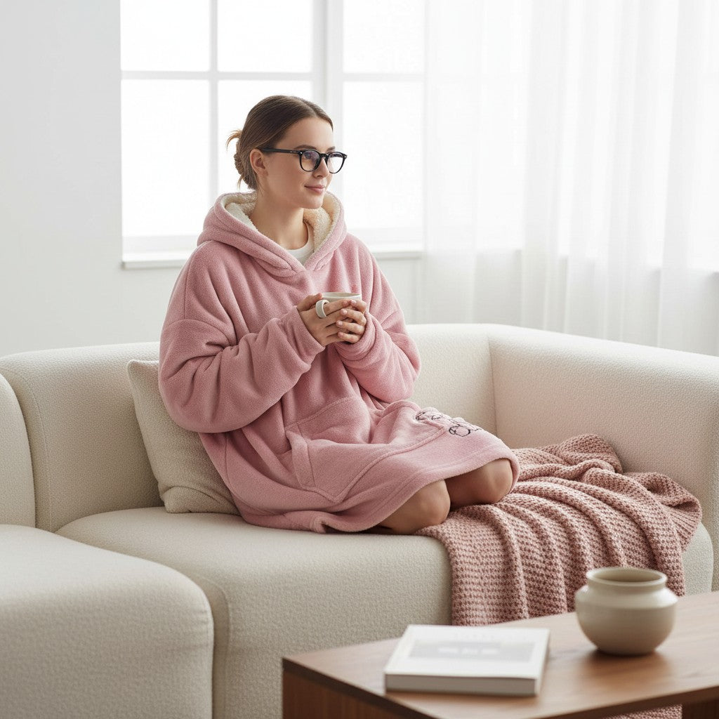 Pink hooded blanket worn sitting cross legged on a sofa with a knitted throw