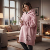 Woman standing and reading in a pink hooded blanket with a bear motif above the hem