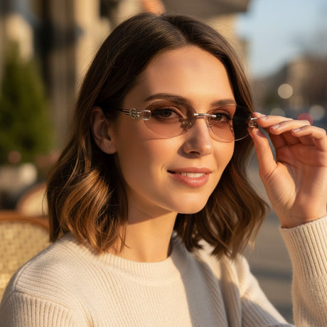 Womens rimless sunglasses with rose tinted lenses and crystal set silver temples, Jack Gifts Online Lebanon