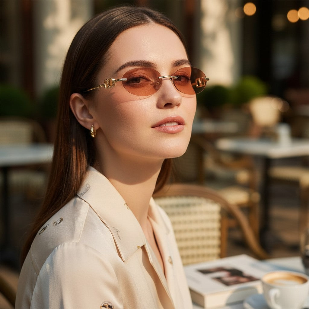 Womens rimless oval sunglasses with rose tinted lenses and gold temples, Jack Gifts Online Lebanon