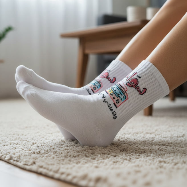 Person wearing white sock with Arabic text and pixel art design in a living room setting