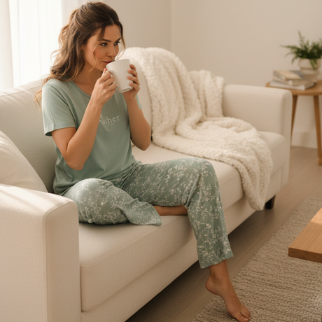 Woman relaxing in sage floral pyjama set while enjoying morning coffee on a sofa