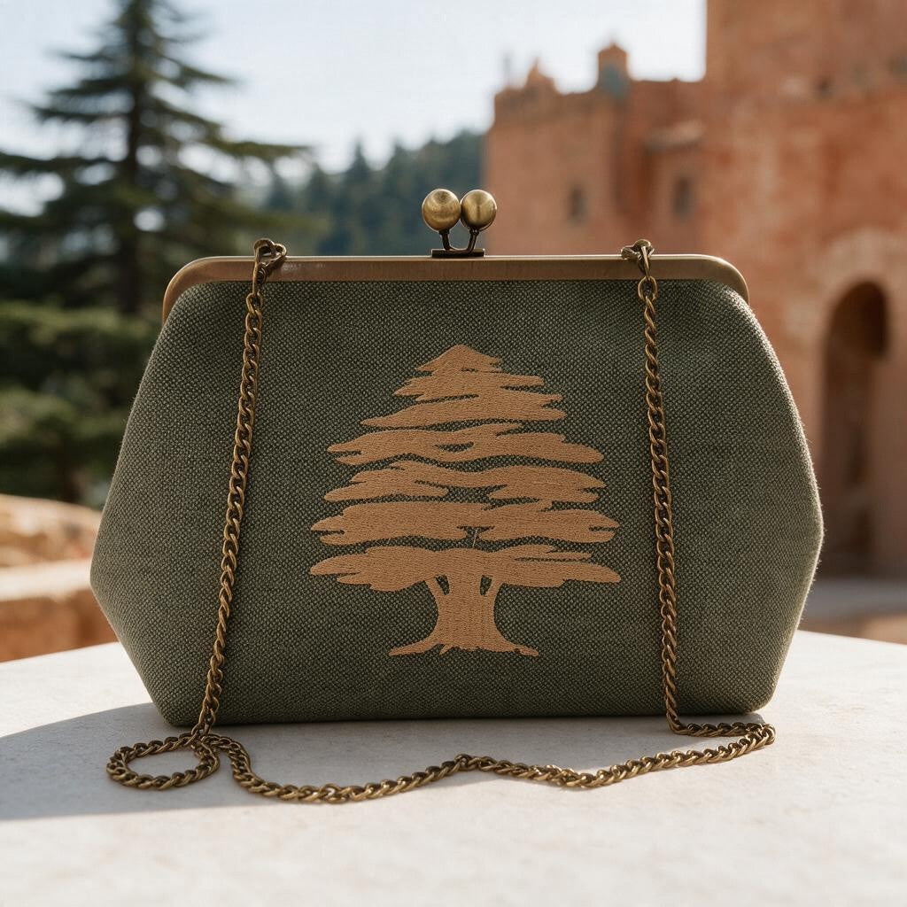 Sage green clutch with a gold cedar tree embroidery, tall pines and a terracotta building behind