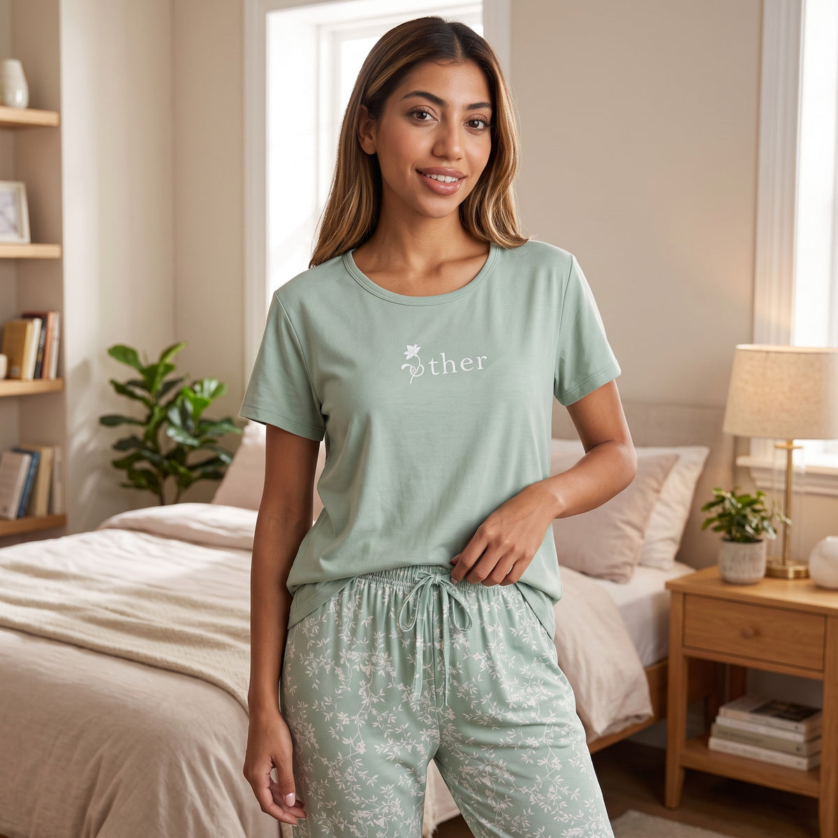 Close view of the Other Days flower print on a sage green pyjama tee and tied waistband