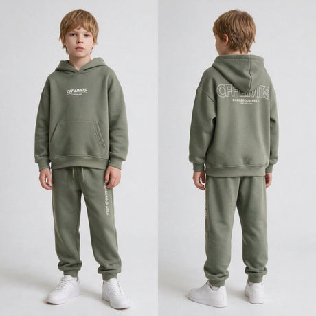 Boy shown front and back in a sage green hoodie set with off limits print