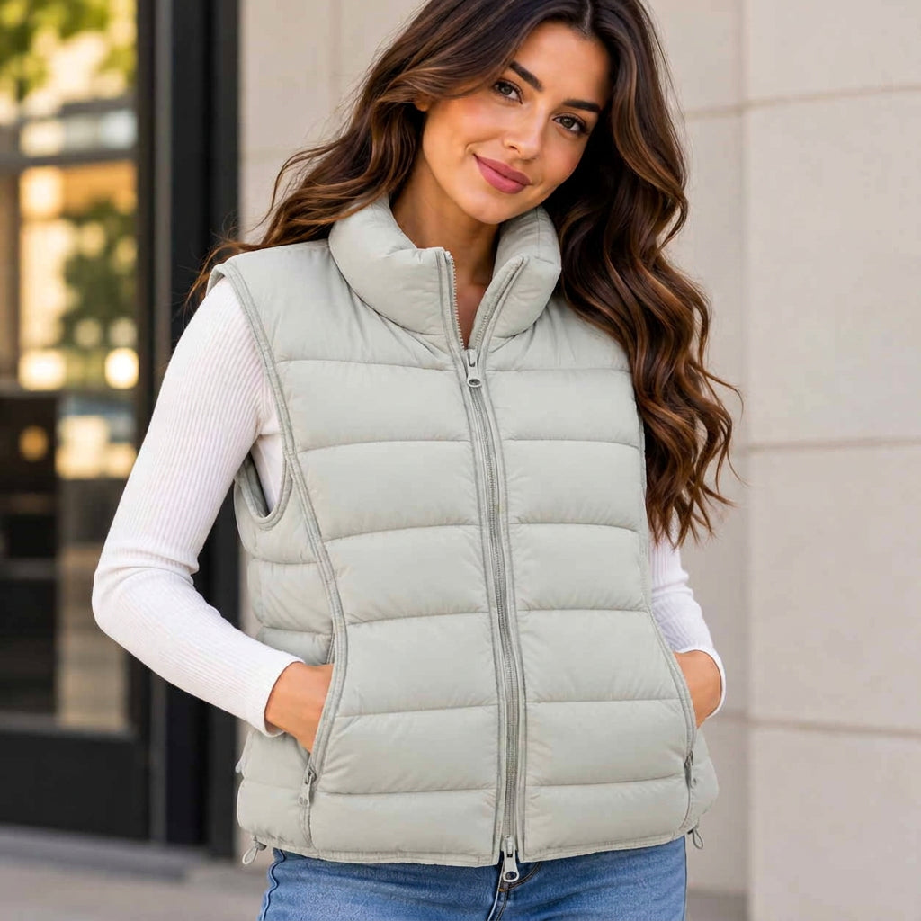 Woman in a pale sage quilted puffer vest with a high collar over a white ribbed top