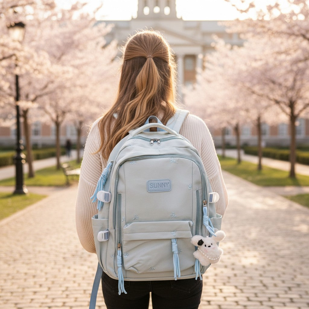 Sage green Sunny bow print school backpack with bunny charm, Jack Gifts Online Lebanon